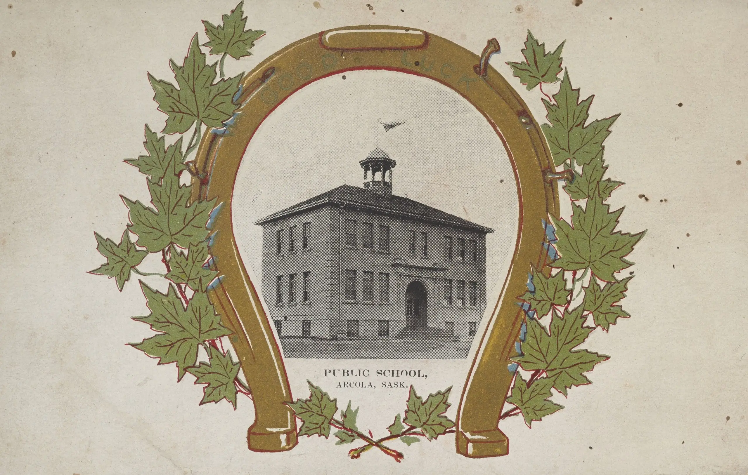 Public School, Arcola, with horseshoe and maple leaf border