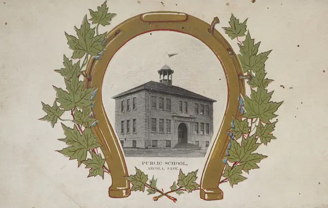 Public School, Arcola, with horseshoe and maple leaf border